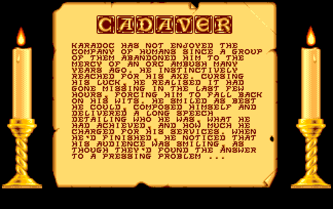 Cadaver: The Payoff — title screen showing the Cadaver logo and skeletal warrior artwork